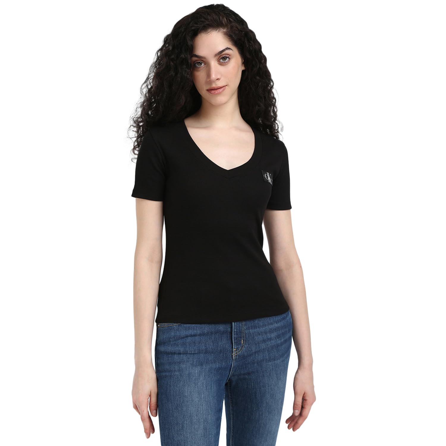 Calvin Klein Jeans Women's Woven Label Ribbed Short Sleeve V-Neck T-Shirt, Black (Ck Black), XXS