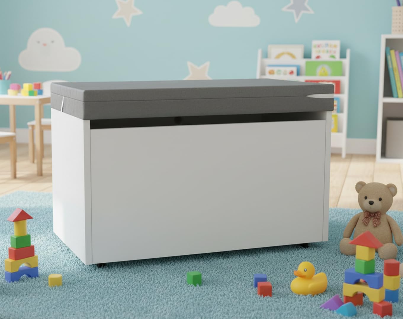 leomark Blanco Caja de madera banco XXL con almacenamiento para juguetes con Asiento, Baúl de juguetes sobre ruedas + Almohada - Cojín, Dim: 71 cm x 40 cm x 45 cm/WxDxH/