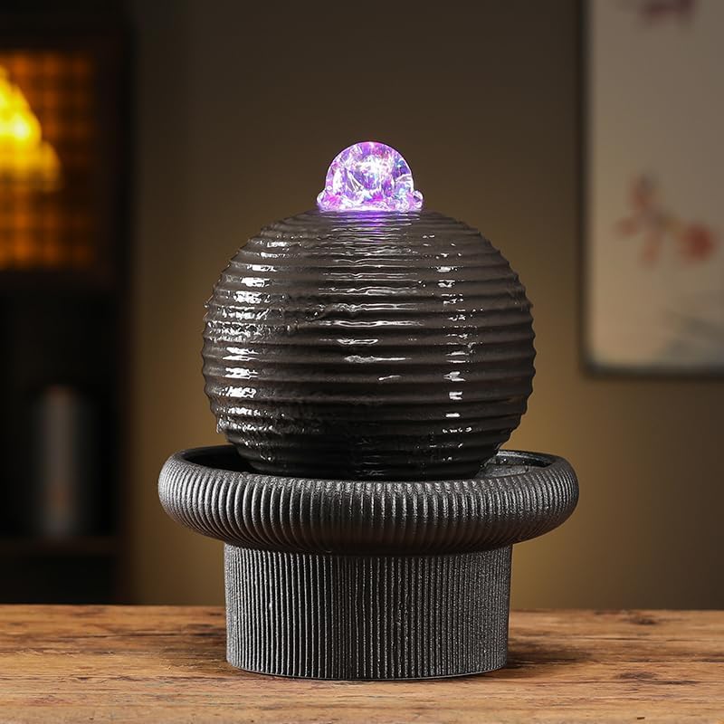 Generic Tabletop Water Fountain with LED Light, Black Ceramic, Round Shape, Fluorescent Flowing Water (Large 9 * 12inches)(Large 9 * 12inches)