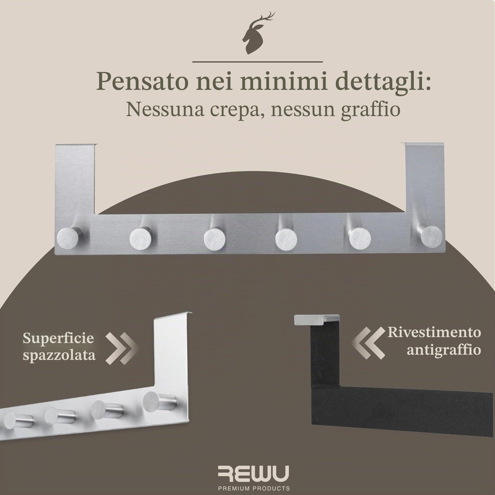 Appendiabiti da porta in acciaio inox con 6 ganci 39 x 11 x 8 cm