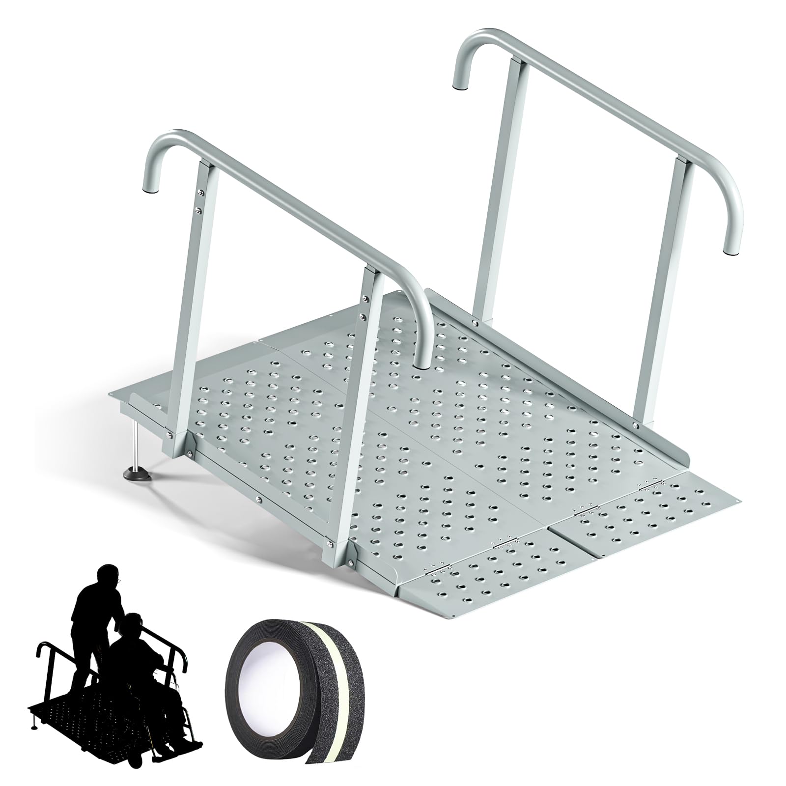 Portable Wheelchair Ramp with Handrails, 1-7" Aluminum Handicap Ramp for Home Steps, Stairs, Porches, Heavy Duty Folding Threshold Ramp with Non-Slip Surface & Safety Rails, Supports up to 770 lbs