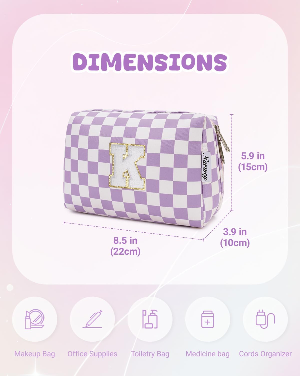 Narwey Birthday Gifts for Women Teen Girls Kids Personalized Initial Makeup Bag Monogram Preppy Cosmetic Bag Trendy Stuff 6 8 10 11 12 13 14 16 18 Years Old Travel Toiletry Bag (Purple K) - Image 5