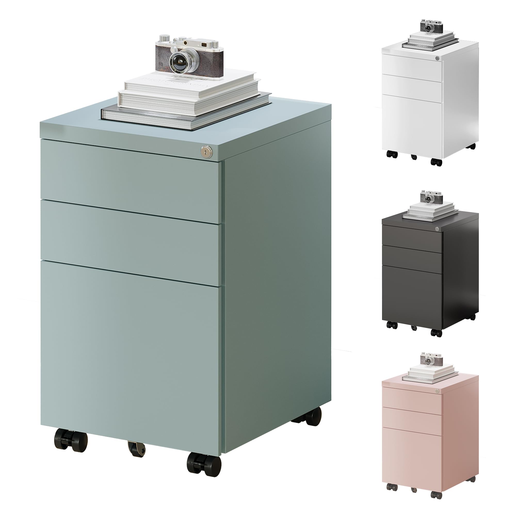 FLEXISPOT schedario con 3 cassetti, cassettiera da ufficio con ruote, armadietto con serratura e sistema anti-ribaltamento, mobiletto porta documenti per casa e ufficio, grigio blu