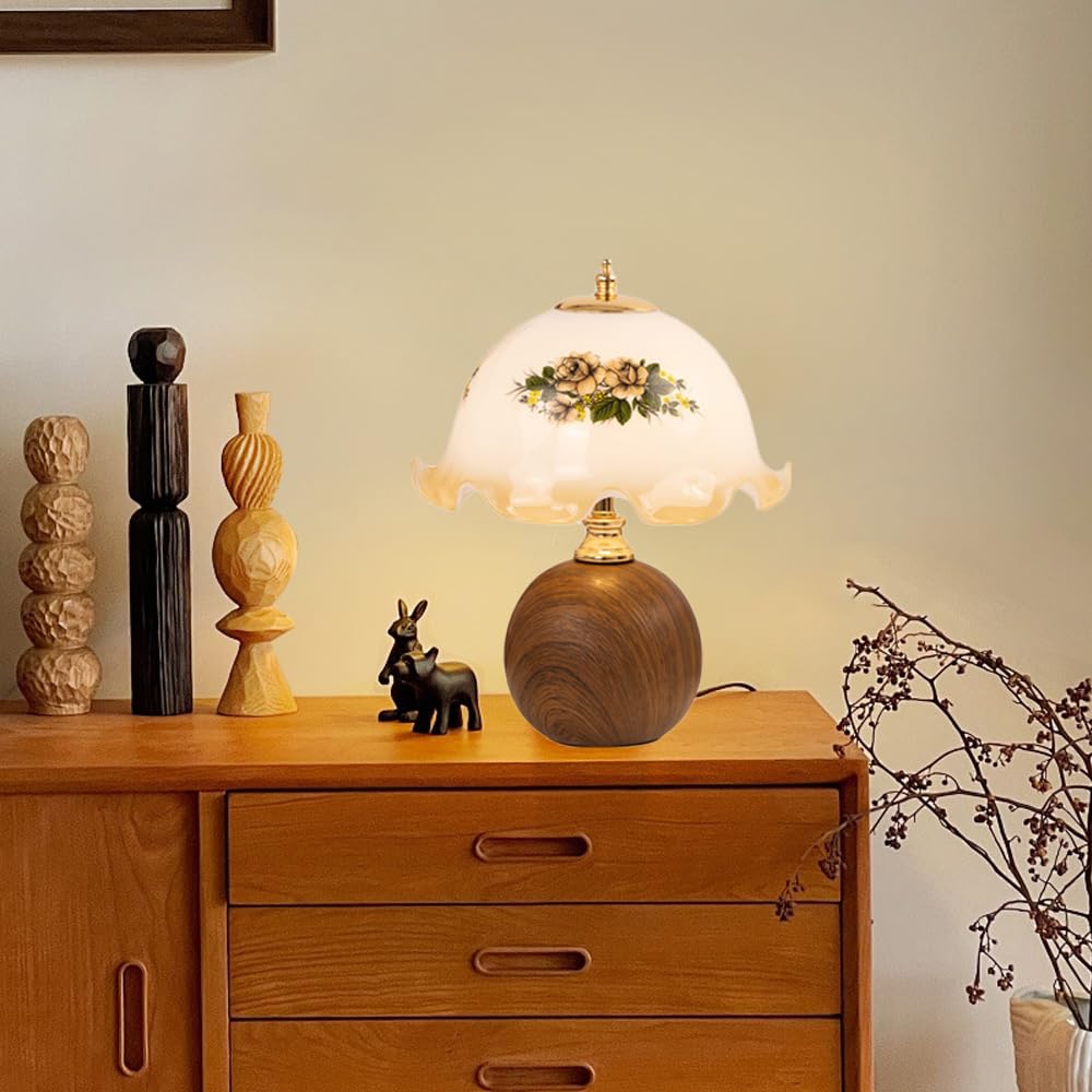 Mengjay Lampe de Table avec Abat-Jour en Verre,Lampes de Chevet Chambre Vintage,Pied en Céramique,Déco Lampe de Bureau Intérieur pour Chambre,Salon,Bureau,Hôtel,Café (A)