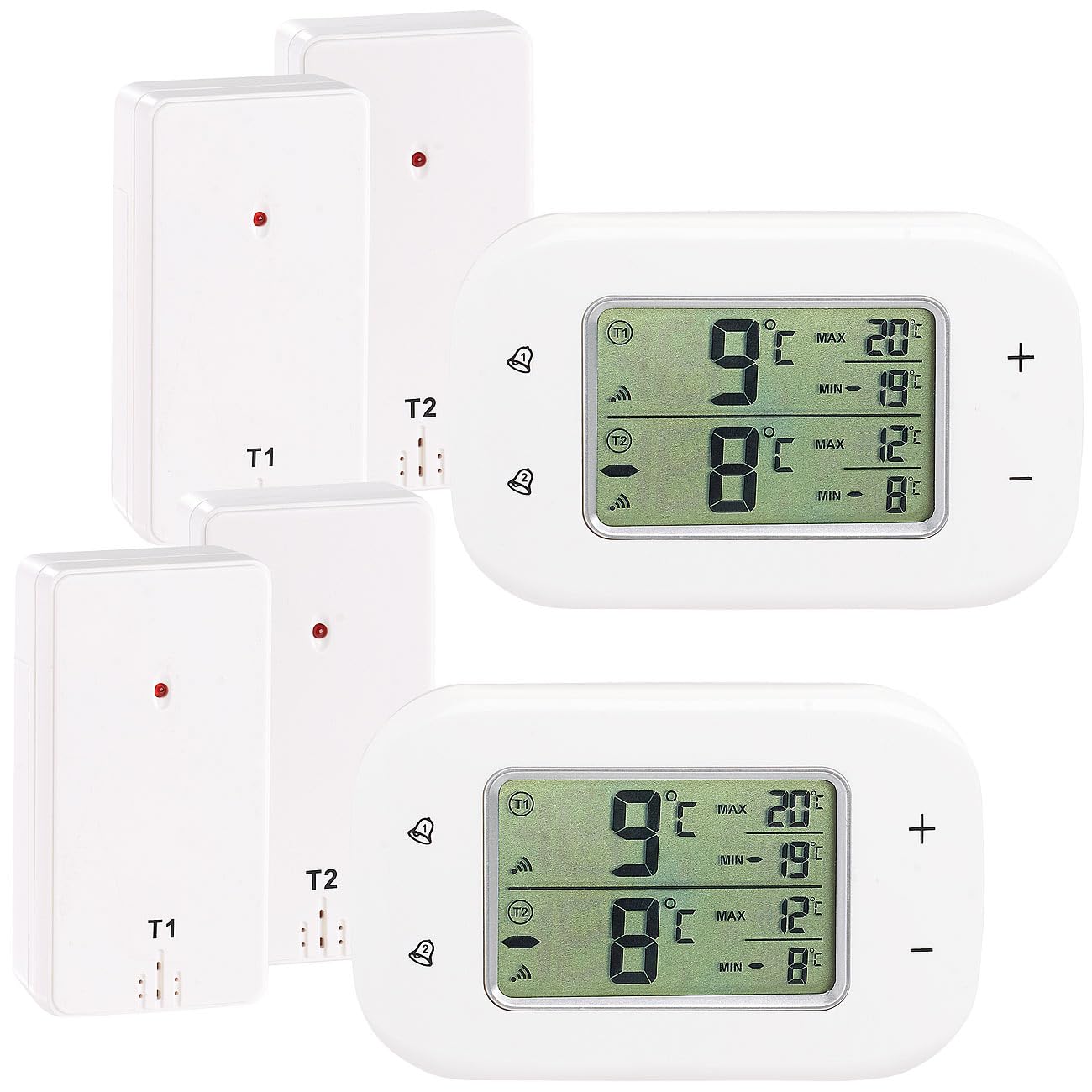 Rosenstein & Söhne Kühlbox-Thermometer: 2er-Set Digitale Kühl- & Gefrierschrank-Thermometer, 2 Funk-Sensoren (Kühlschrankthermometer mit Alarm, Funk Kühlschrankthermometer)