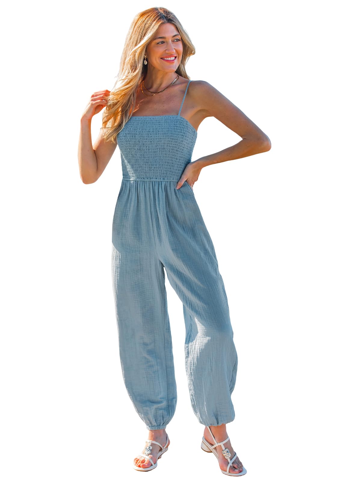 CUPSHE Damen Baumwolle Jumpsuit Spaghettiträger Gesmokt Sommer Overall
