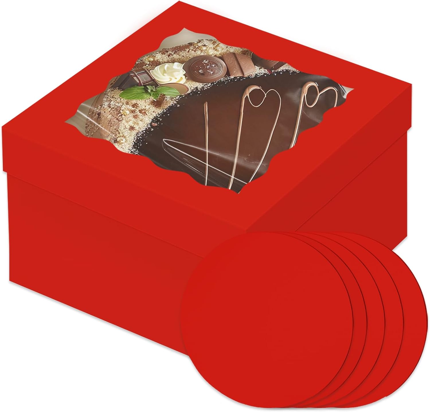Bakepacker 36pcs 12x12x8 Inches Cake Boxes with Window 18-Packs Red Cake Boxes 12 Inch Bakery Boxes (18 Cake Boxes +18 Cake Boards Included)
