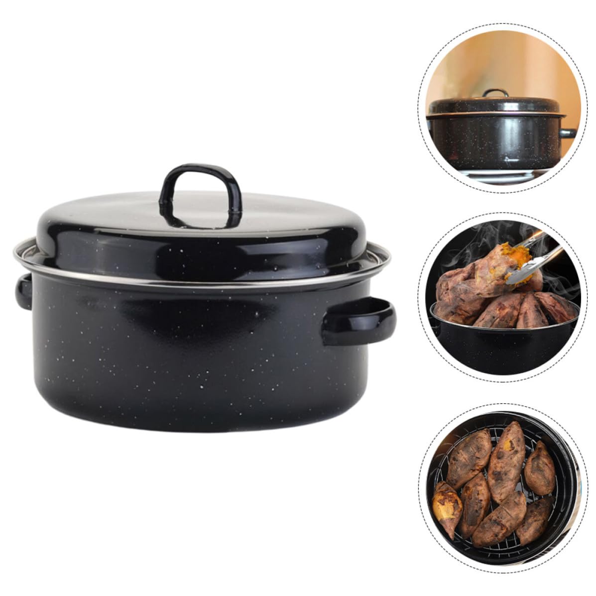 Sartén de Patatas y Castañas Asador Redondo Tapa, Hierro Esmaltado, Negro, Superficie Lisa, Fácil de Limpiar, para Patatas y Alimentos, Cocina Doméstica