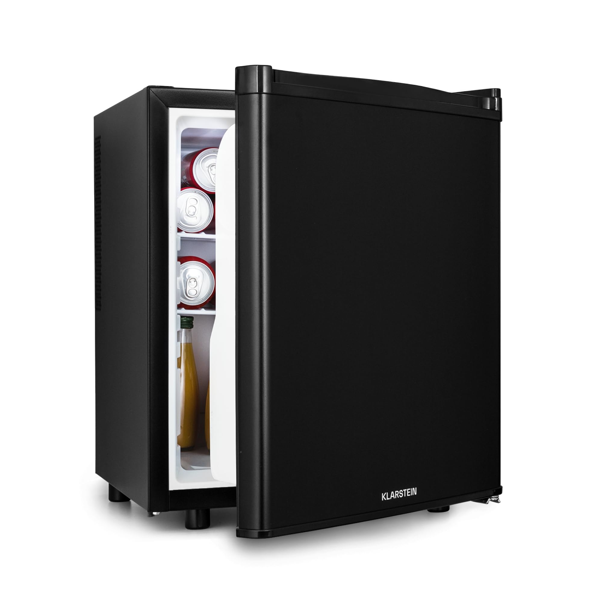 KLARSTEIN Happy Hour Mini Nevera para Dormitorio, Nevera Pequeña para Bebida y Comida, Neveras Pequeñas Iluminación Interior, Estantes Ajustables, para Habitaciones. Oficina, Camping, 6-18°C, 45L