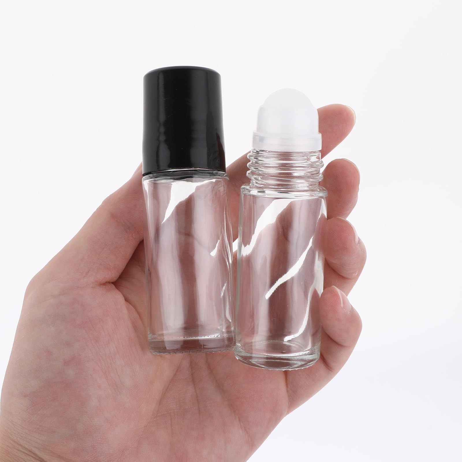 Grevosea 2 bottiglie a rullo, in vetro trasparente nero con sfera a rullo in plastica e coperchio nero, vuote, in vetro, per oli essenziali, 30 ml, ricaricabili, contenitori cosmetici per profumi, oli