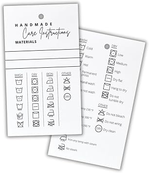 Lashicorn Handmade Material Care Instruction Cards | 30 Pack | 2 x 3.5 inches Tags | Handmade Care Cards | Material Care Instructions for Homemade Materials | White and Black Design