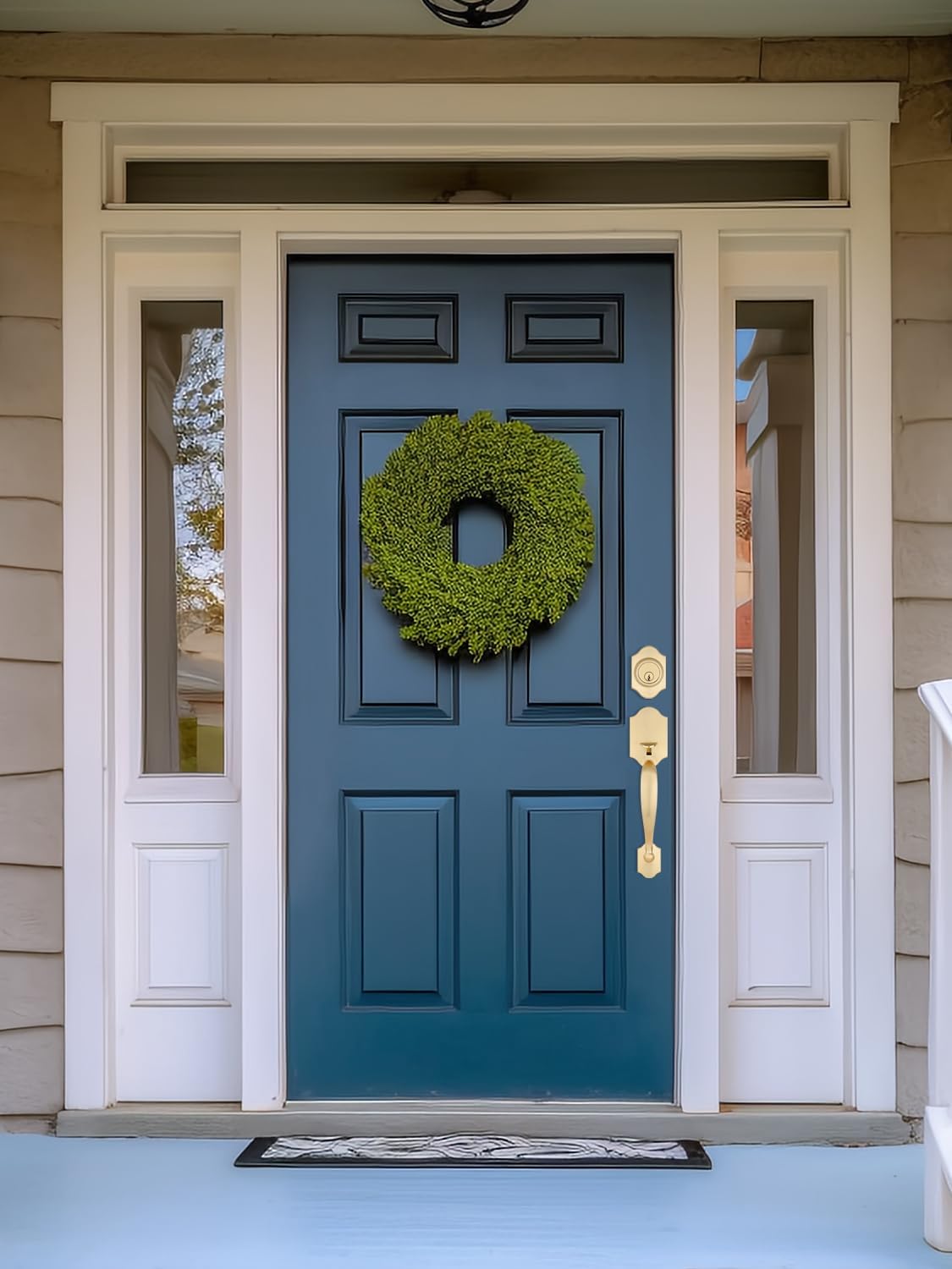 EHOMEWARE Gold Front Door Handle and Deadbolt Set, Exterior Door Lock Set, Keyed Different Entry Door Handle, Satin Brass Finish, Wave Door Lever for Left/Right Handed Doors