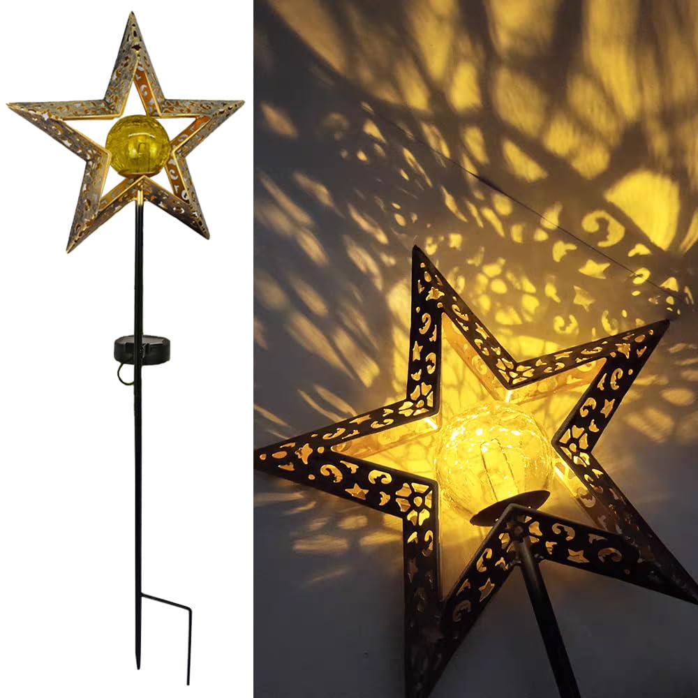 Wrqioo Gold Star Solar Lights Outdoor Garden, Solar Garden Lights Stakes With Crackle Ball, Solar Lig-Hts Outdoor Gar-Den Ornaments, Metal Solar Lanterns Out-Door Landscape Decor For Yard
