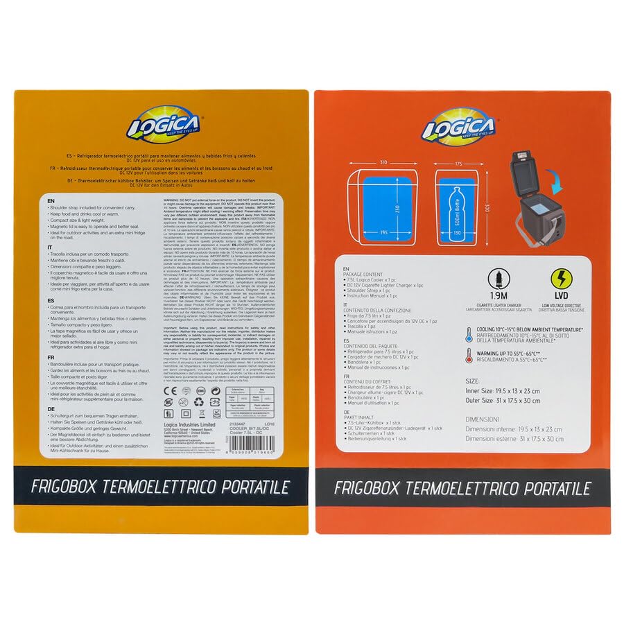 LOGICA Frigo 7.5L - DC Termoelettrico Portatile 7,5L | Caldo/Freddo 12V con Tracolla per Auto, Viaggi e Outdoor