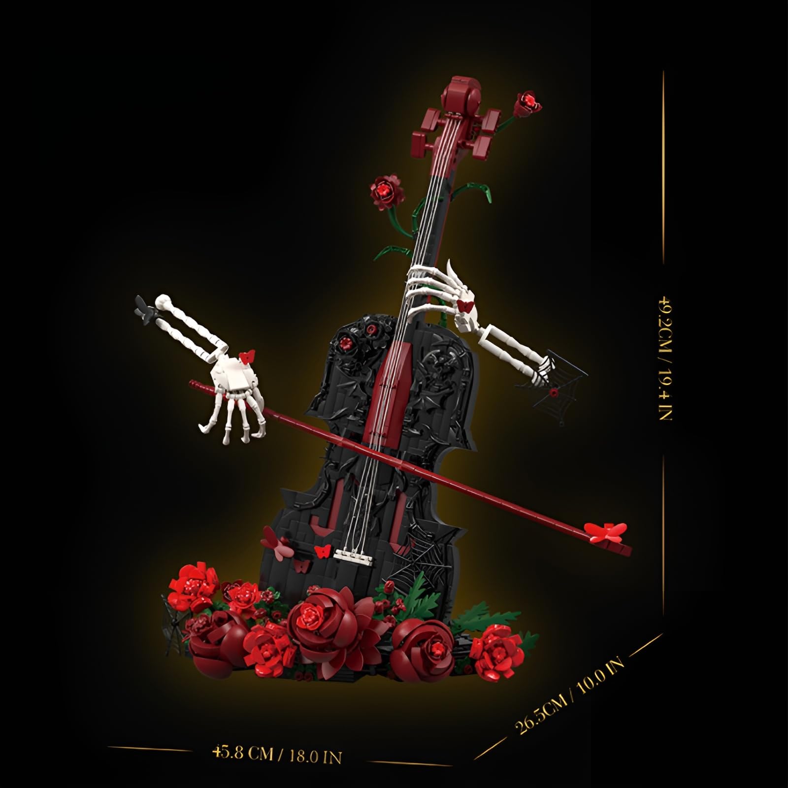 QuirkQuest Gothic Rosen Geigen Bauklötze Set, 1429 Teile Musikinstrument Modell mit Sammlbares Skelett Händen & roten Rosen, Dekoratives Baukasten Display für Erwachsene & Teenager