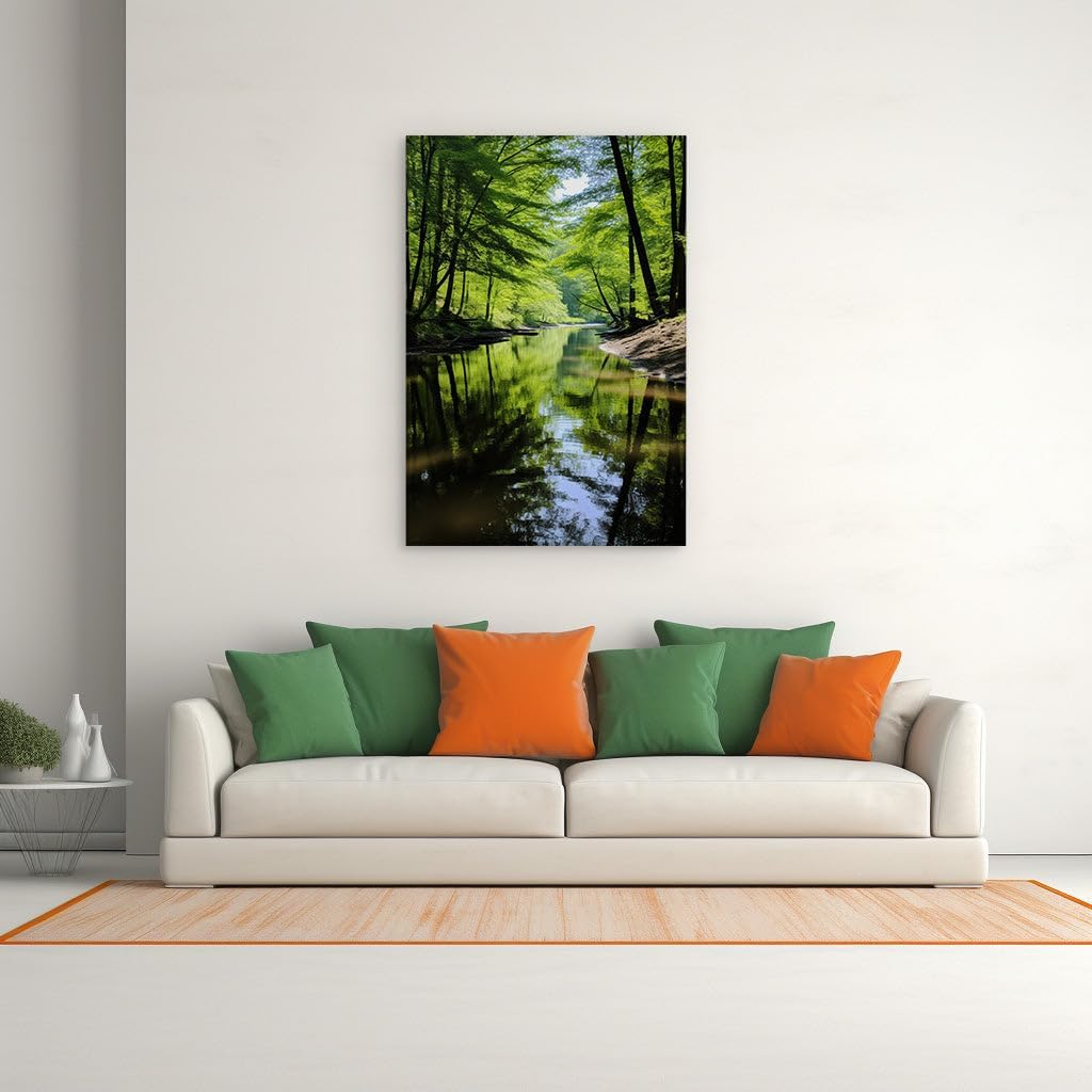 Canvas for Living room. Whispering Waters and Whispering Woods: Exploring the Serenity of Nature's Embrace, 27 x 18 inch Canvas Wall Art - Ready to Hang