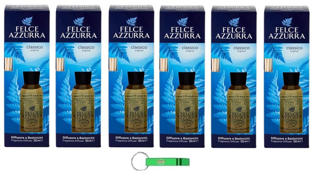 Felce Azzurra Lot de 6 désodorisants avec bâtonnets Classico – Diffusore a Bastoncini – Parfum classique 120 ml + porte-clés Beni Culinari