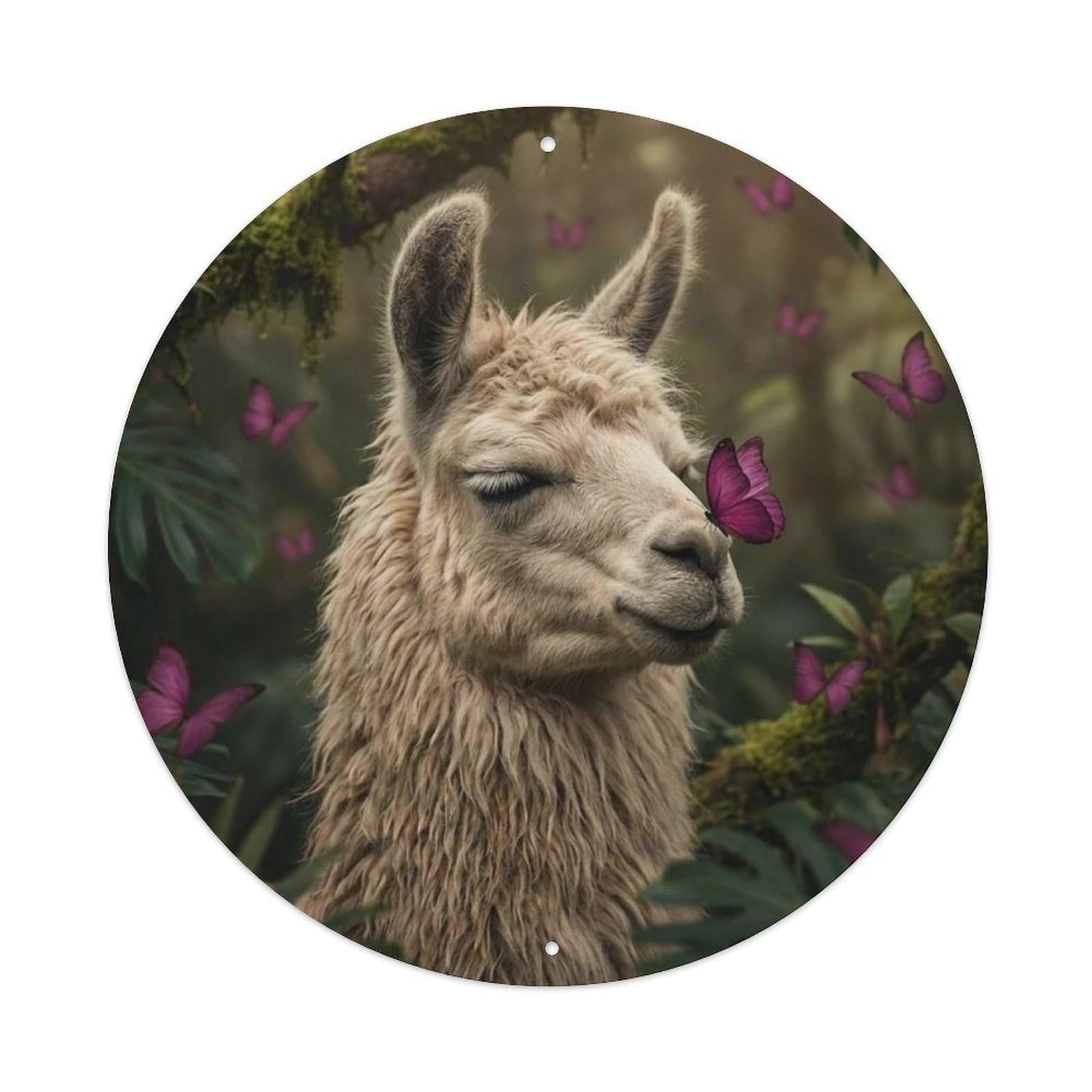Llama Cute Farm Animal Magenta Butterfly Pastel Meadow Kawaii Metal Tin Sign Plaque Wall Decor for Cafe, Man Cave, Club Bar, Office, Home Garden Round Metal Poster 8x8Inch