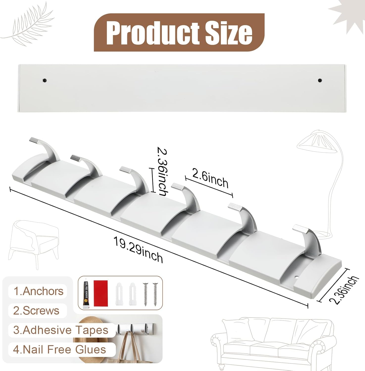 wesiti 6 hooks large wall mounted coat rack, 19 inch floating rack with retractable hook, door wall coat space saving aluminum hangers for entryway bathroom hat towel(19 inch)