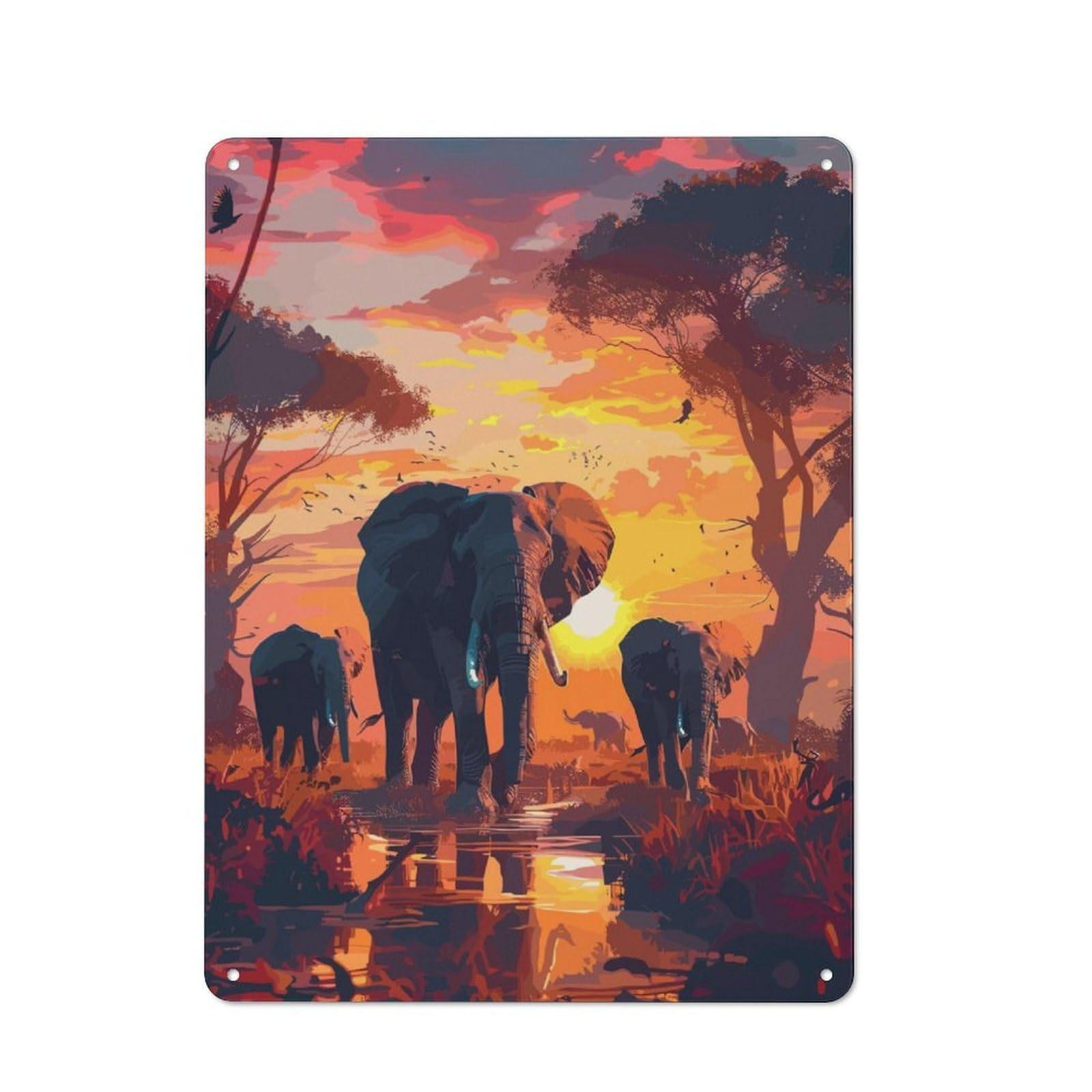 Junmoney Elephants Sunset Savanna Metal Wall Sign 40X30cm Featuring For Café Or Restaurant, For An Autumn Wall Display In Café And Restaurant
