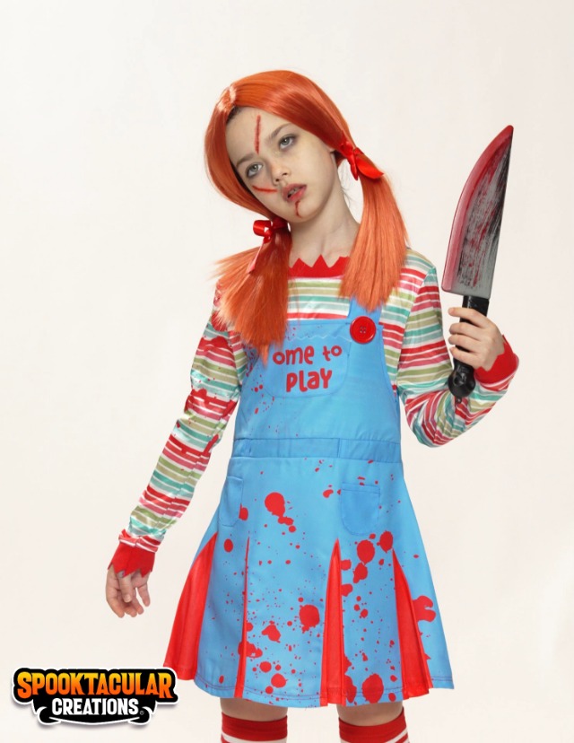 Celvibe Chucky Costume pour fille - Tenue d'Halloween pour enfant - Jupe rayée - Manches longues - Porte-jarretelles - Pour Halloween, carnaval, fête à thème, cosplay, fête (bleu, 110 Celvibe Chucky Costume pour fille - Tenue d'Halloween pour enfant - Jupe rayée - Manches longues - Porte-jarretelles - Pour Halloween, carnaval, fête à thème, cosplay, fête (bleu, 110