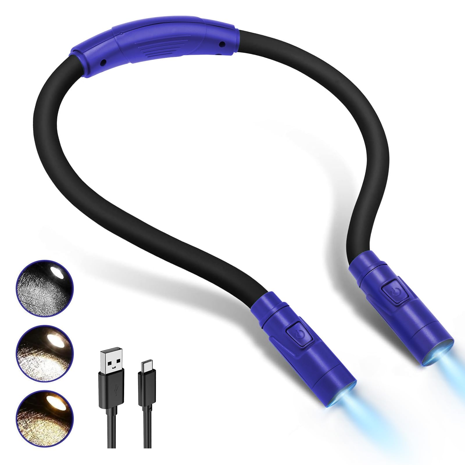 LUXJET Rechargeable LED Neck Reading Light, Blue and Black, USB-C Charging, 3 Light Modes, Flexible Hands-Free Book Light