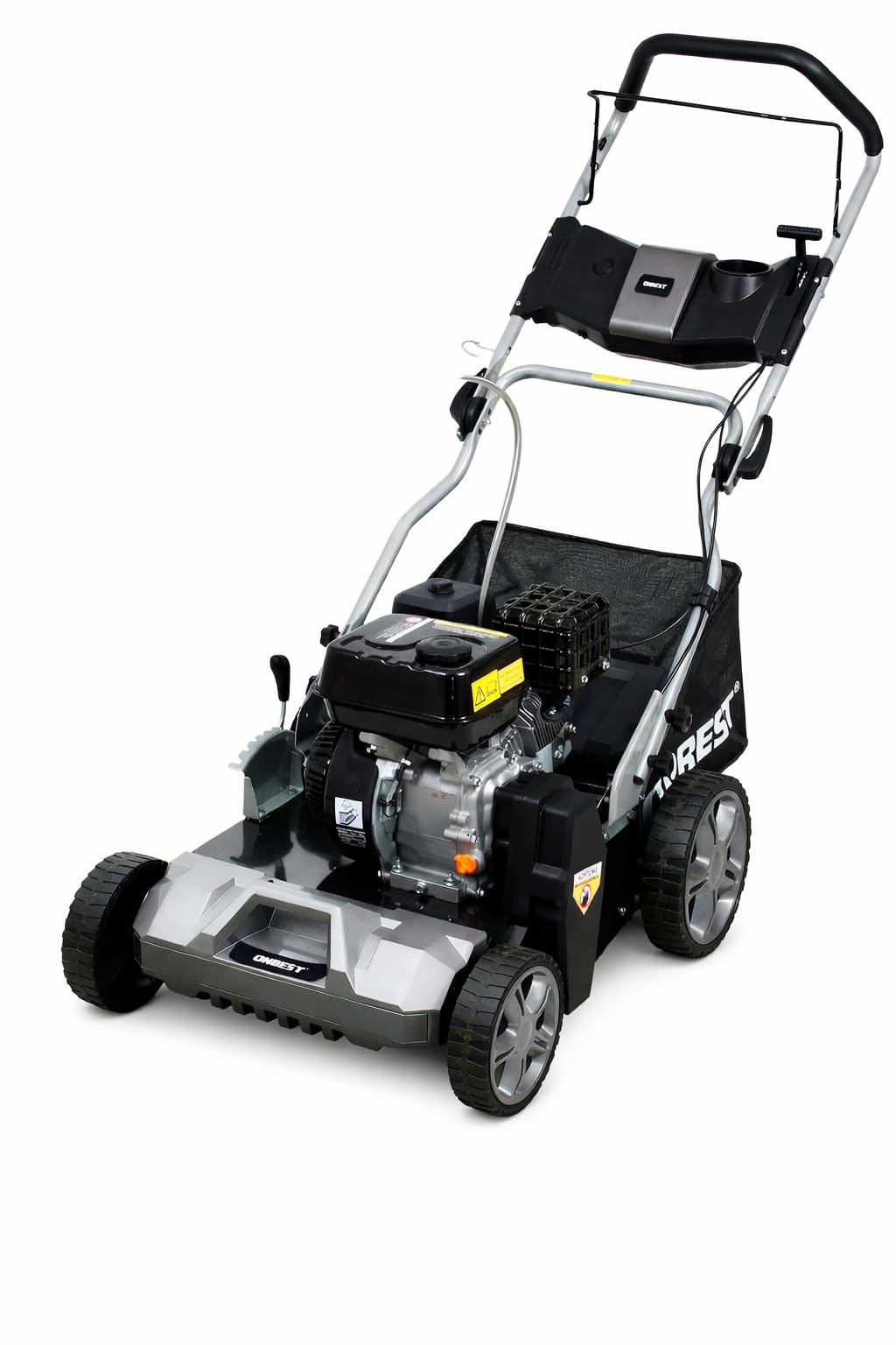 ONBEST Benzin Vertikutierer 4,5 kW 6,12 PS 440 mm | Rasenvertikutierer und Rasenlüfter mit Messer- und Federkrallenwalze, 45 L Fangkorb und 6 Tiefenstufen