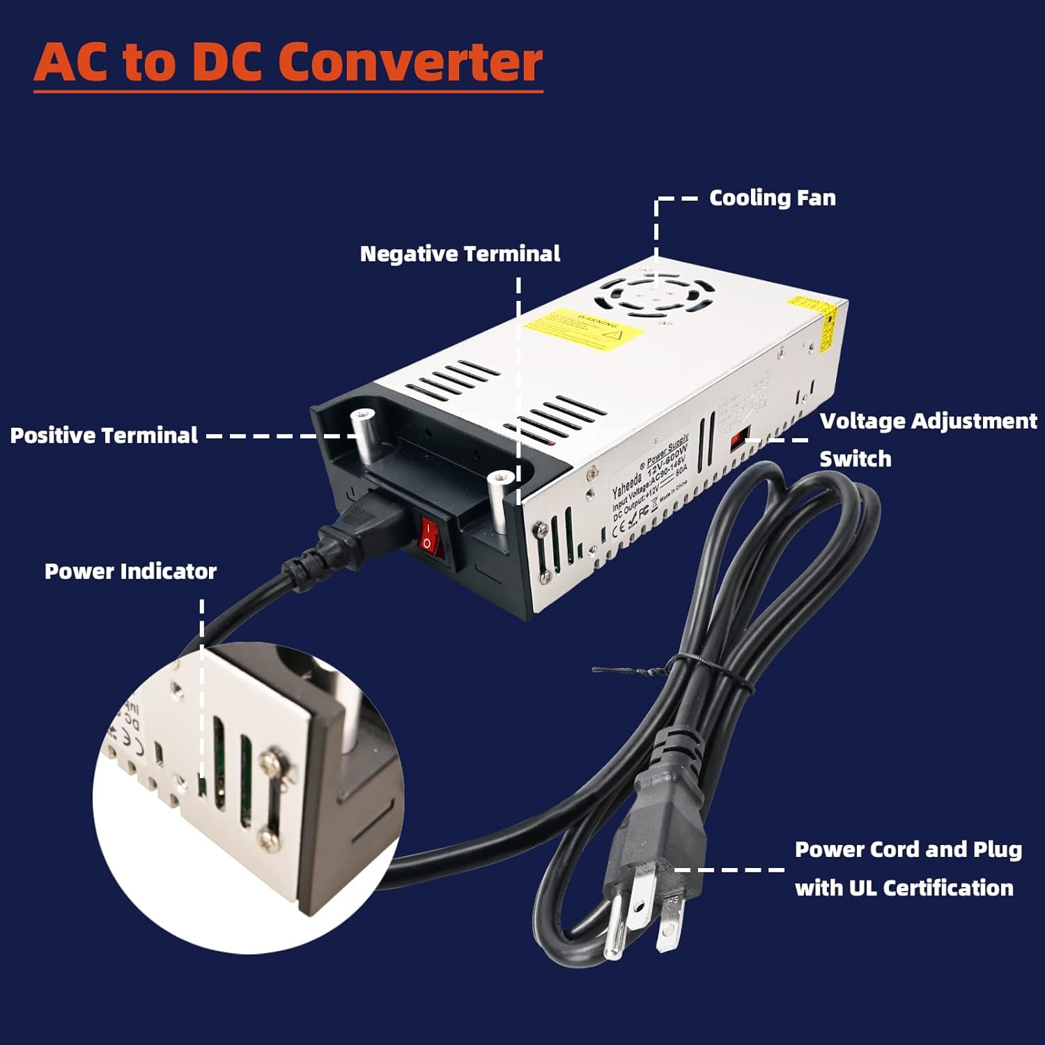 New Version Converter, 110V AC to 12V DC Converter Power Supply 12V 600W 50A DC Switch Transformer for RV,Pump,LED Strip, LCD Monitor - Image 5
