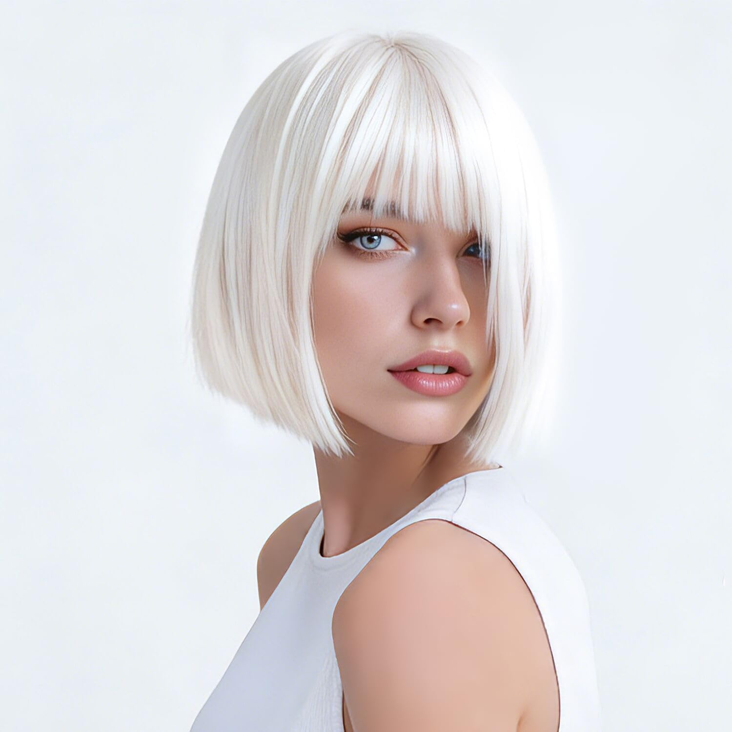 kuttolee White Bob Wigs Short Bob Hair Pastel Bob Wig with Bangs, Synthetic Hair for Women Girl Colorful Cosplay Wig Synthetic Heat Resistant Fiber for Daily Party Halloween Use