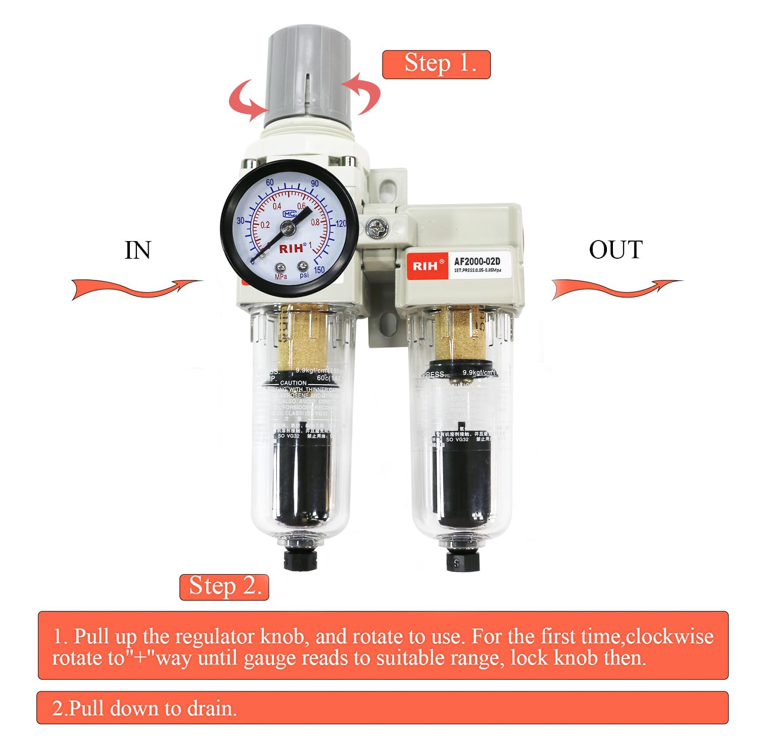 RIH Pneumatics AC2011-02D - Filtro y regulador doble de aire comprimido NPT de 1/4 pulgadas, sistema de secado de aire, separador de agua de compresor de aire, cuenco de polietileno, calibre de 0-150