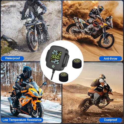 Motorrad TPMS Reifendrucküberwachungssystem, Reifendrucksensor mit 2 Sensoren Reifendruckalarm, Temperatur und Spannungsüberwachung,Unterstützt USB Ausgang, Schnellladung