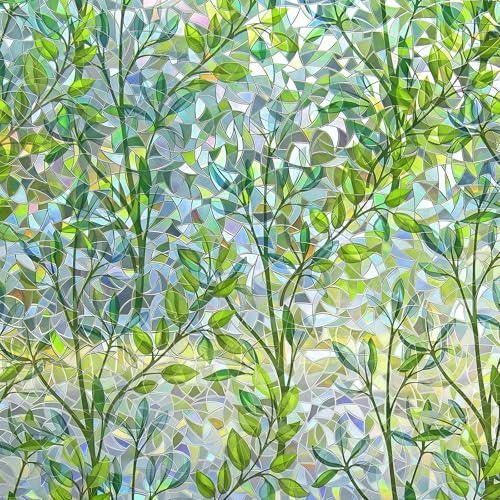 Folia maskująca na okno z siatką do cięcia, nieklejąca, dekoracyjna, statyczna folia maskująca na okno (zielony liść, 75 x 200 cm)