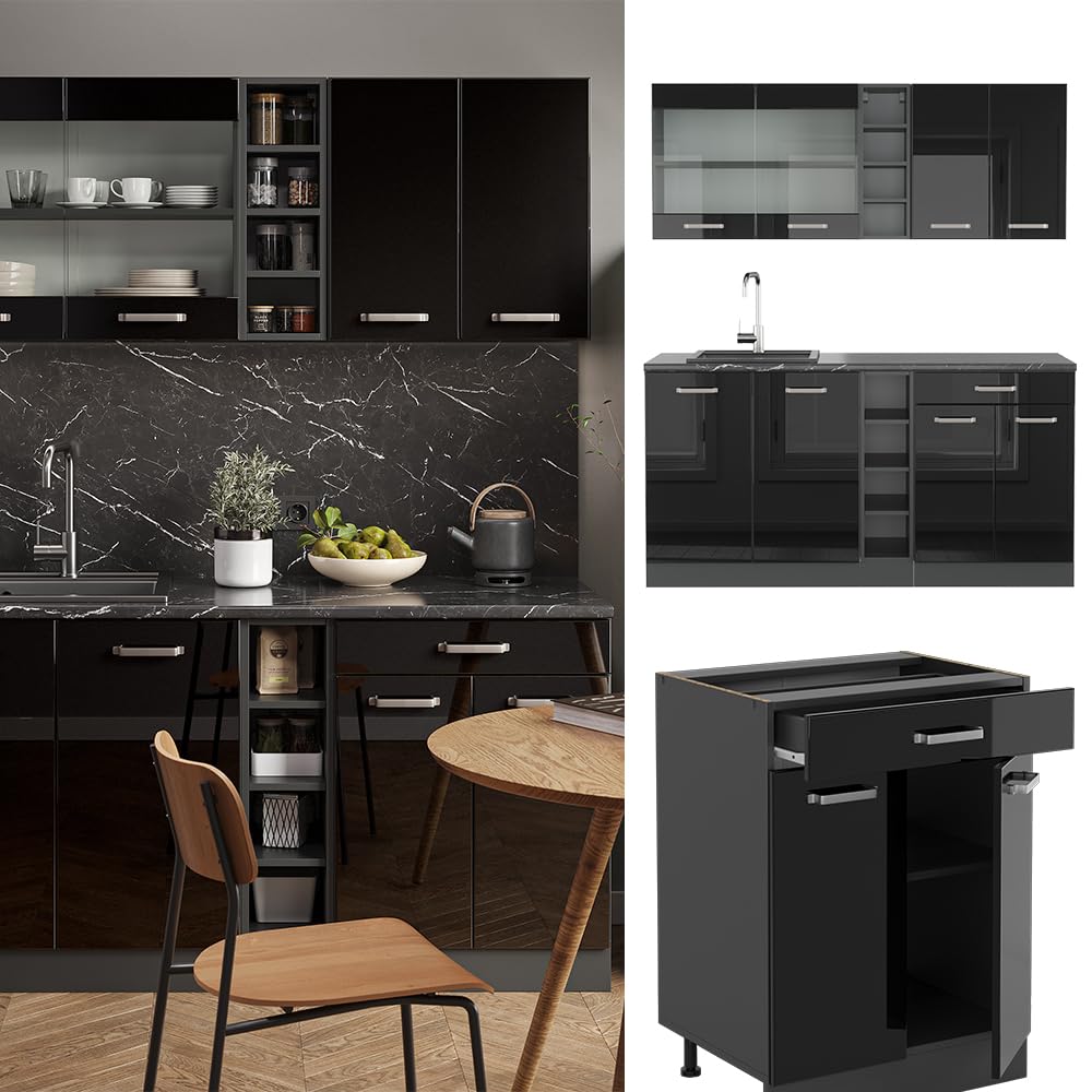 Vicco Cucina completa R-Line, Nero lucido/antracite, 160 cm
