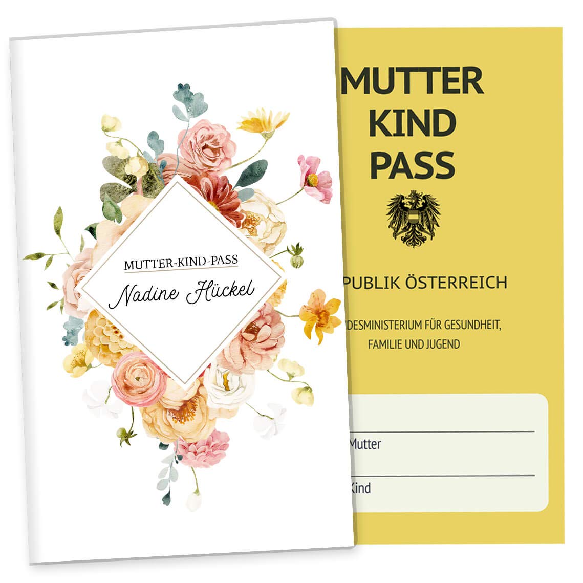 OLGS Mutter-Kind-Passhülle Österreich personalisierbar Florentina Schwangerschaft Schutzhülle MuKipass | Mit Fach für Ultraschallbilder (MuKi-Pass Österreich personalisiert, Bloom)