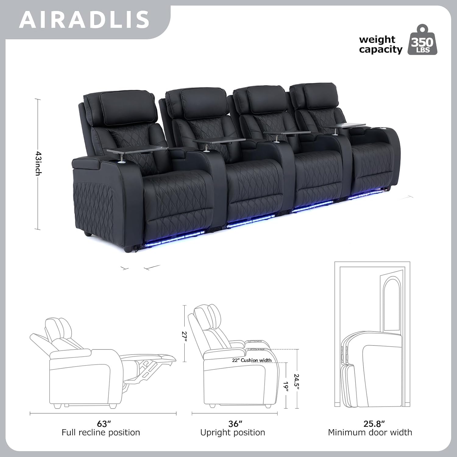 Home Theater Seating Top Grain Leather, Movie Theater Chairs Theater Recliner Sofa with Dual Power Ergonomic Design 7 Colors Ambient Lighting Tray Table Type-C USB Charge (Black, Row of 4)