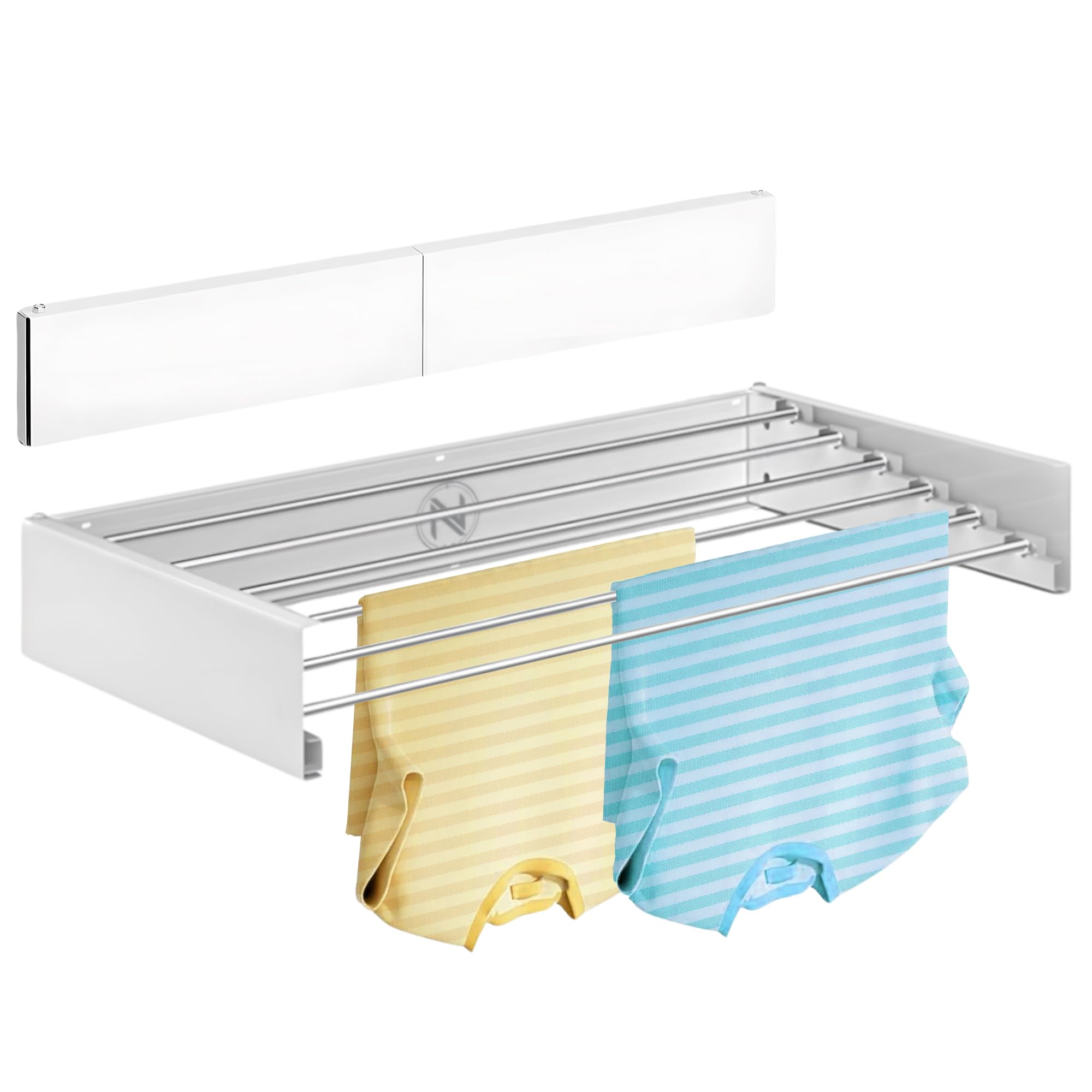N 18.28 - Étendoir extensible mural rétractable - Étendoir pliable mural pour intérieur ou extérieur - Économie d'espace - Compact - 35 kg de capacité - 6 tiges - 100 cm (blanc)