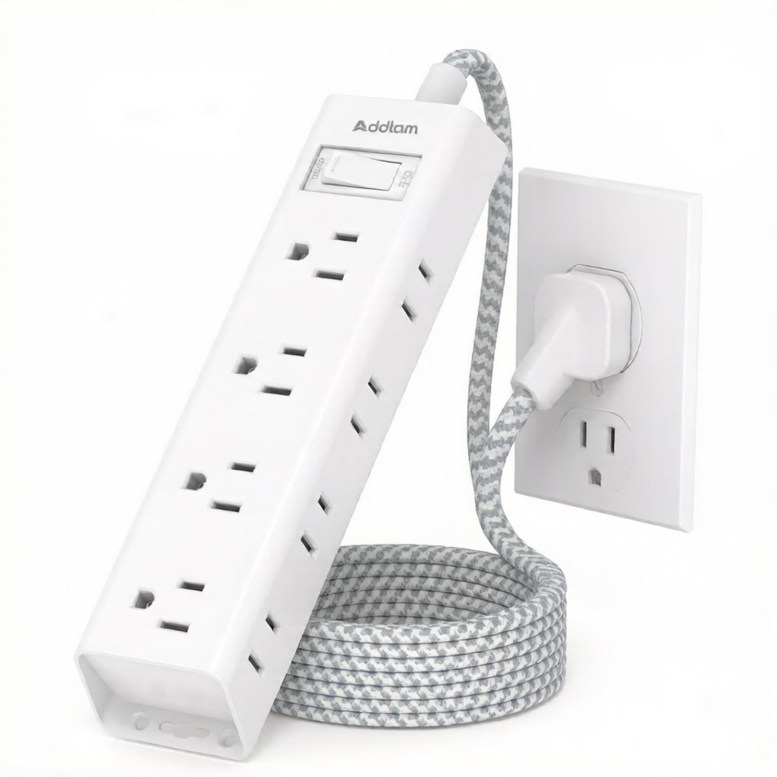 Addtam White Braided Power Strip Surge Protector with 12 Outlets, Flat Plug 5FT Extension Cord, 3-Side Wide Spaced Outlet Extender, Wall Mount Desk Charging Station for Home Office Dorm White&Gray 5 Ft