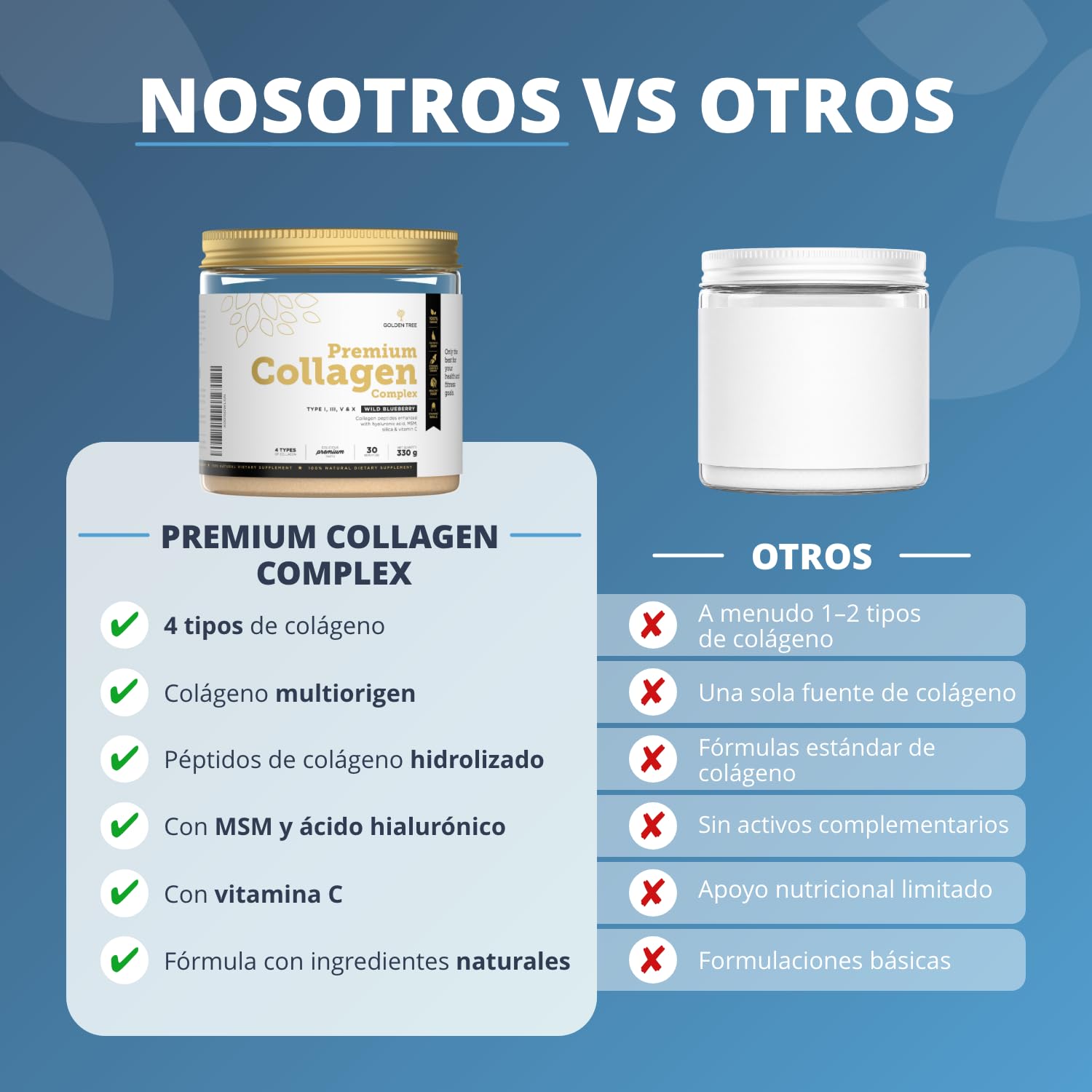 Golden Tree Premium Collagen Complex, 330 g, 30 Porciones | Colágeno en Polvo con MSM, Ácido Hialurónico, Vitamina C, Silicio, Péptidos de Colágeno, Tipos I III V X