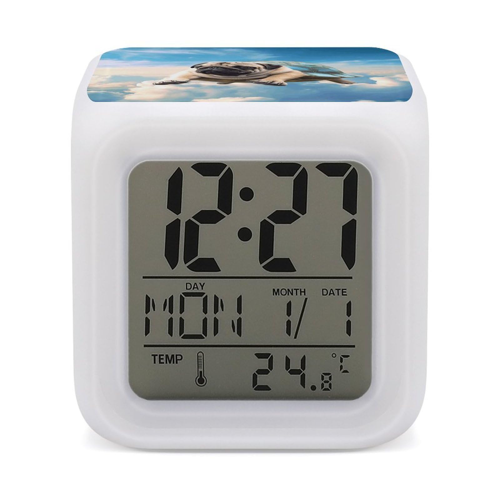 VstaDank Funny Turtle Pug Dog in The Sky Alarm Clocks with 7 Color Changing Night Light Exquisite Bedroom Digital Clocks with LED Temperature Display Desk Clock Ok to Wake Clocks for Heavy Sleeper