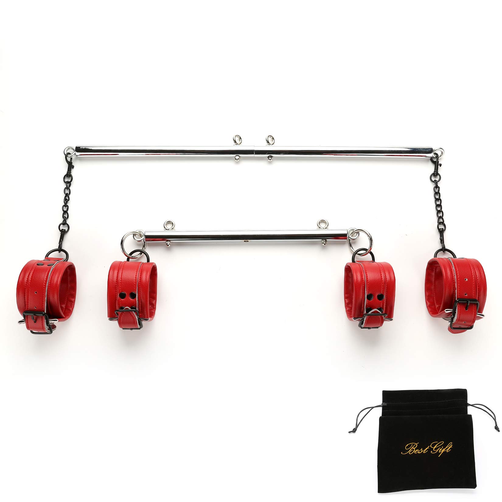 EXREIZST Expandable 2 Spreader Bar Set with 4 Leather Straps Adjustable Exercise Training Tools Set for Home Gyms (Silver/Red)