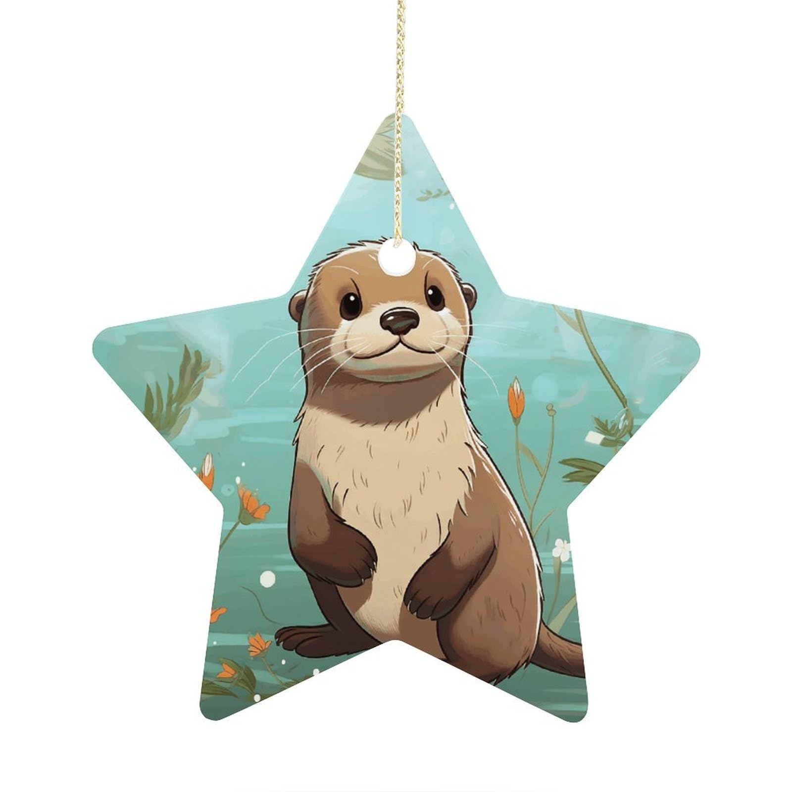 Cartoon Cute Otter Stars Ornaments Ceramic Christmas Tree Hanging Light in Weight Christmas Star Pendants Funny Double-Sided Printed Xmas Ornaments for Gifts