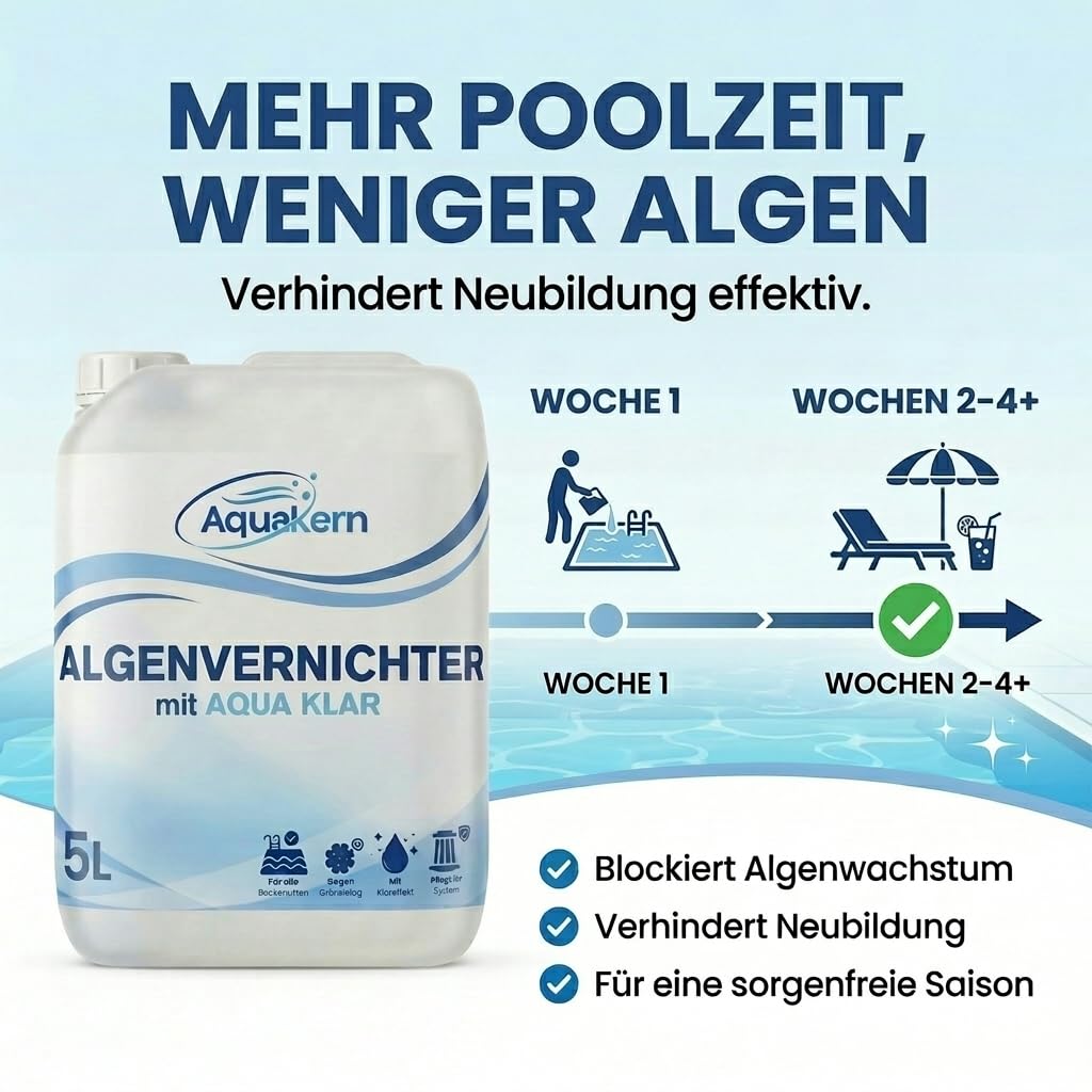 Algenvernichter 5L [mit Aqua KLAR KOMPLEX] entfernt Grünbelag | Algizid bei Grünalgen | Für mehr als 150.000 Liter | Schaumfreier Algenverhüter | Algenschutz für Pool | Made in Germany
