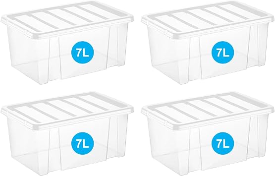 RelianceUK Storage Boxes With Lids 7 Litre / 4 Pack | Clear Plastic Storage Box With Lids for Clothes Shelves Shoes Crafts | 7L Multipurpose Storage Tubs for Home Office Kitchen