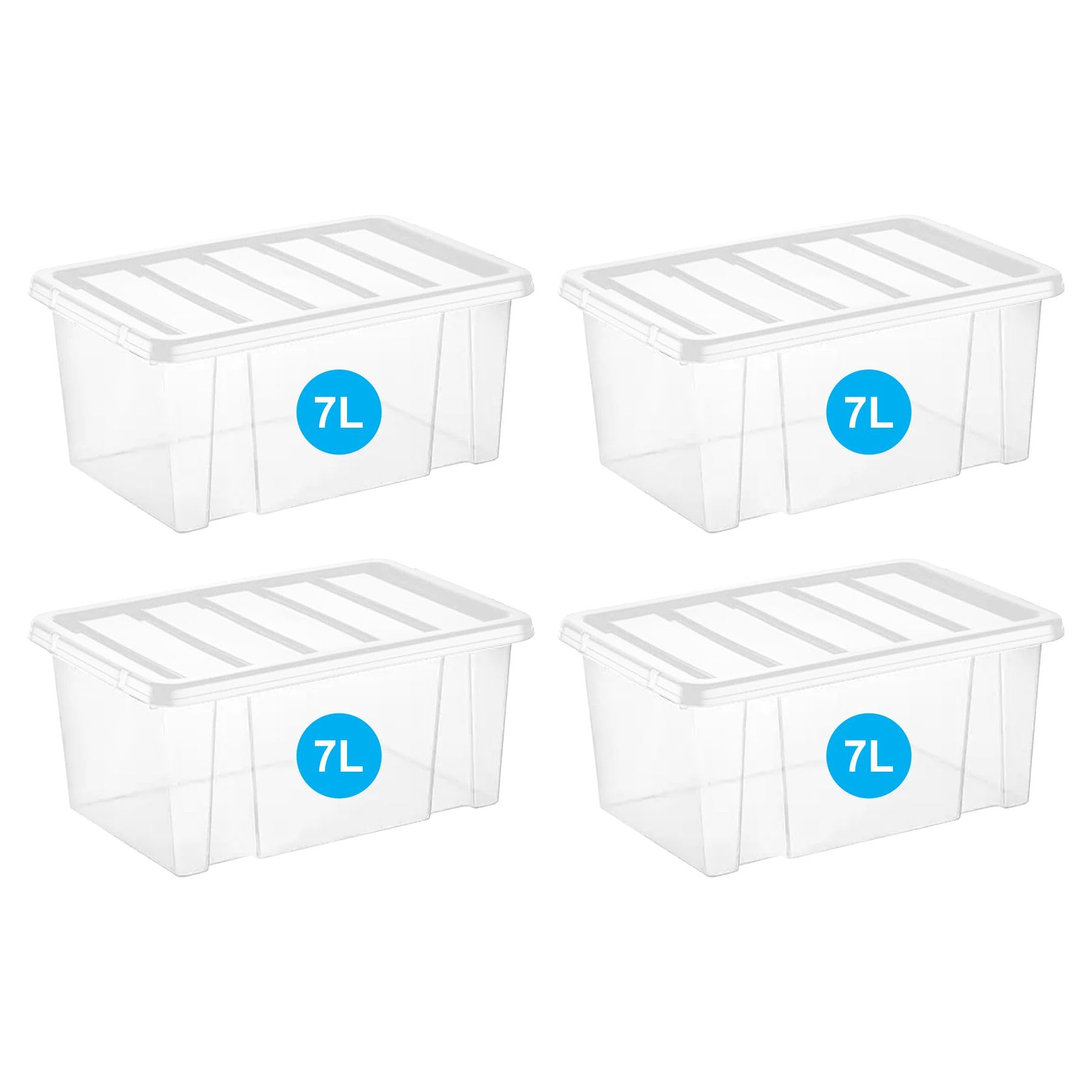 RelianceUK Storage Boxes With Lids (7 Litre / 4 Pack) | Clear Plastic Storage Box With Lids for Clothes Shelves Shoes Crafts | 7L Multipurpose Storage Tubs for Home Office Kitchen