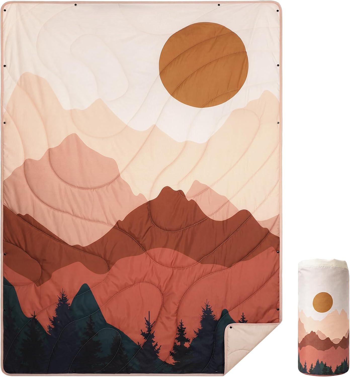 Outdoor Puffy Camping Blanket, Abstract Sunset Packable Down Alternative Puffy Printed Wearable Blanket with Snap Buttons & Corner Loops Weatherproof Quilt for Outdoor Travel Stadium