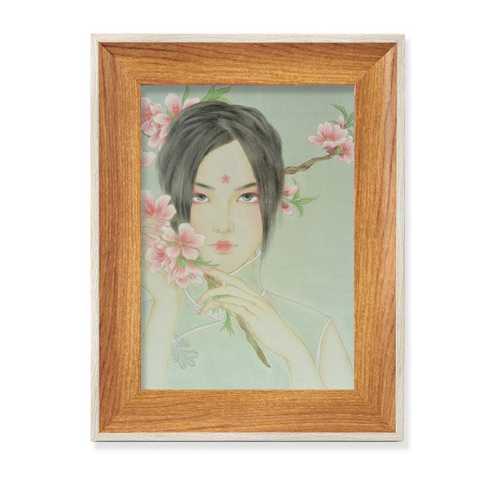 Cadre en Bois de Bureau et Aquarelle Chinoise Fleur de Pêcher, Cadeau Idéal