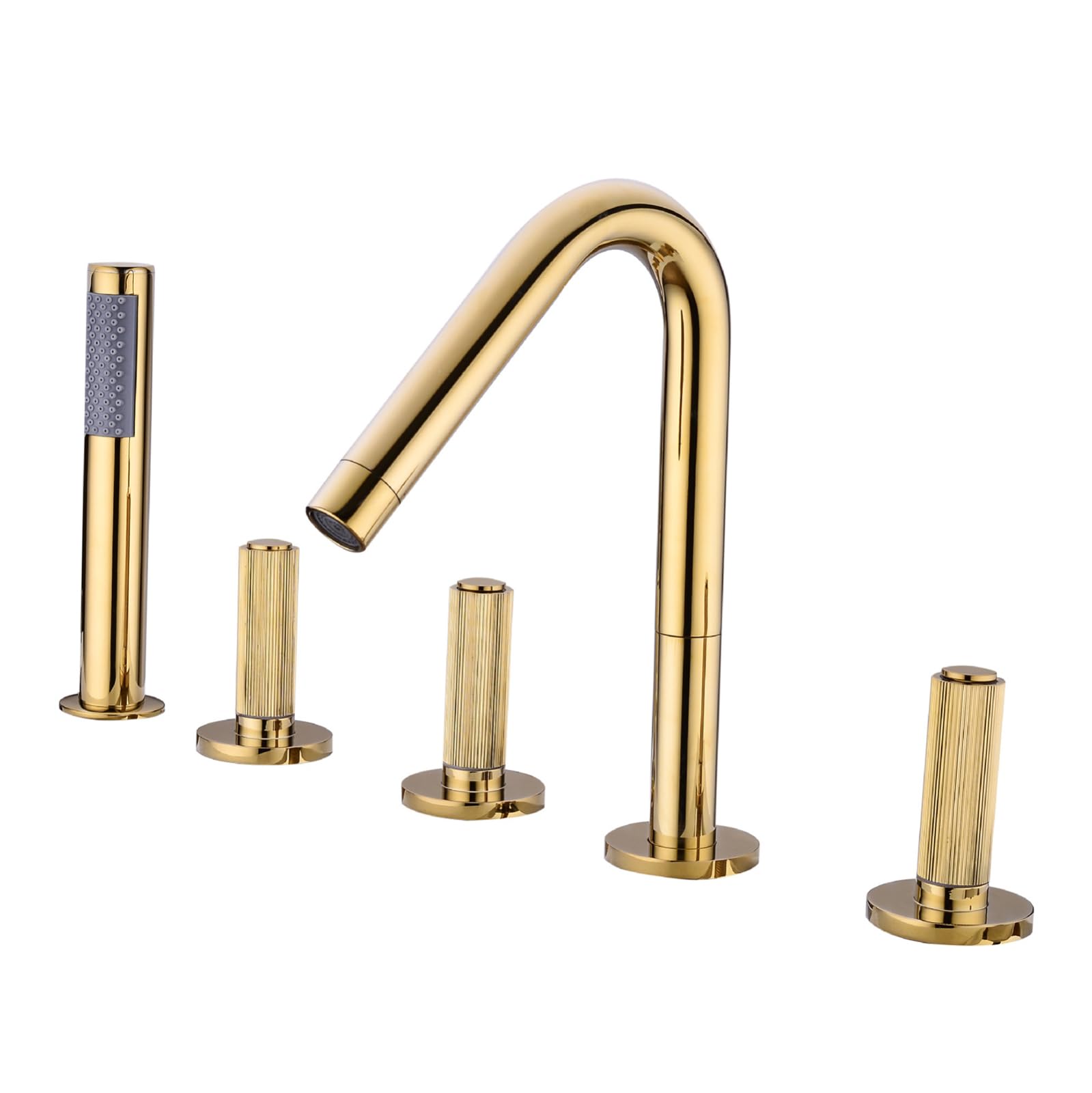 YG6352BG 5-Loch Badewannen-Wasserhahn Set – Wasserfall-Auslauf, Handbrause, Gebürstetes Gold, 3 Hebel