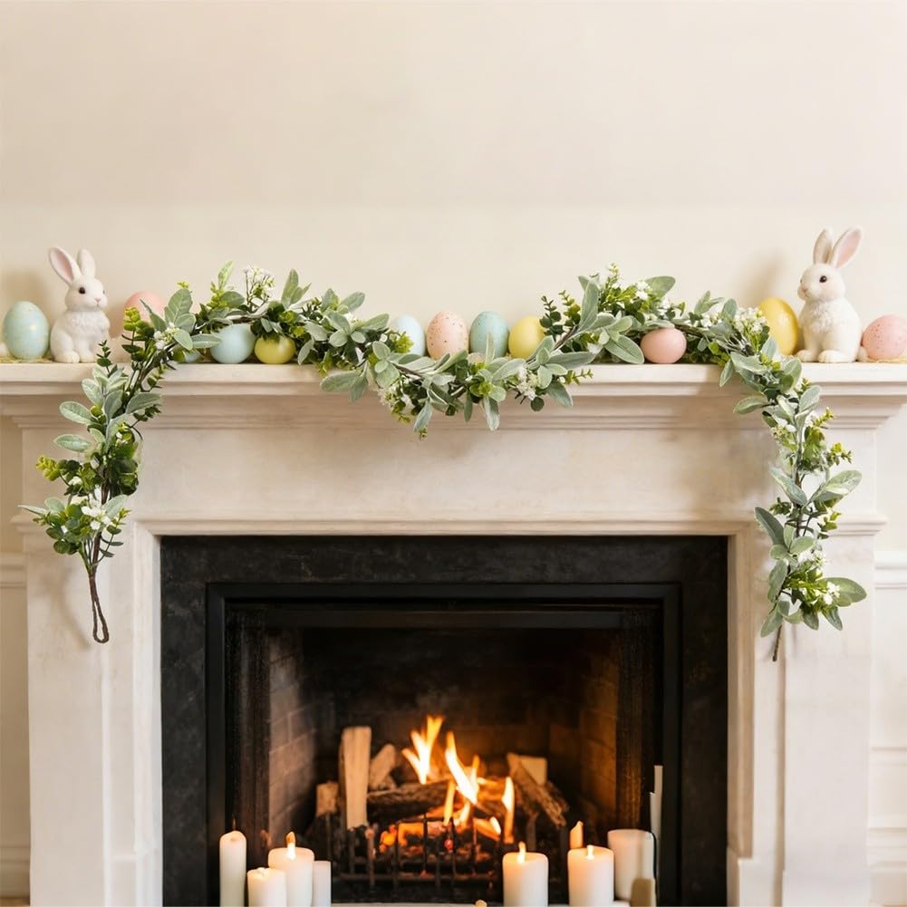 EasyByMall Ghirlanda artificiale di eucalipto con orecchie di coniglio, 180 cm, realistica, ghirlanda di fiori finti per decorazioni pasquali e feste di nozze