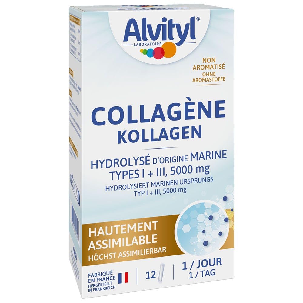 Alvityl Collagen 5000 mg, hydrolyzed, Marine Origin, Type I and III, Highly assimilable, no flavourings, no Dyes, 12 Sticks