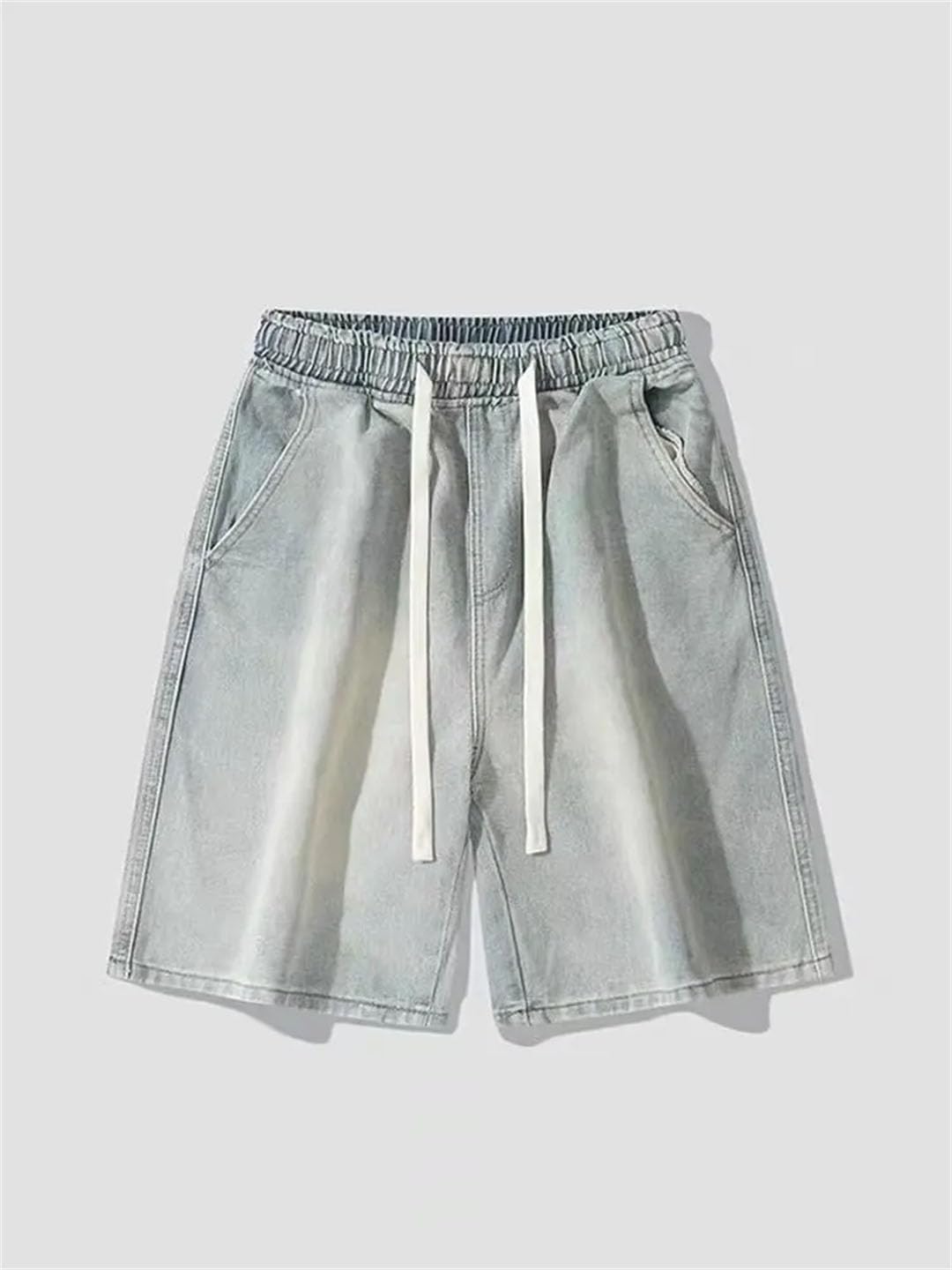 Men’S Denim Shorts Straight Leg Drawstring Mid Waist High Street Style Jeans